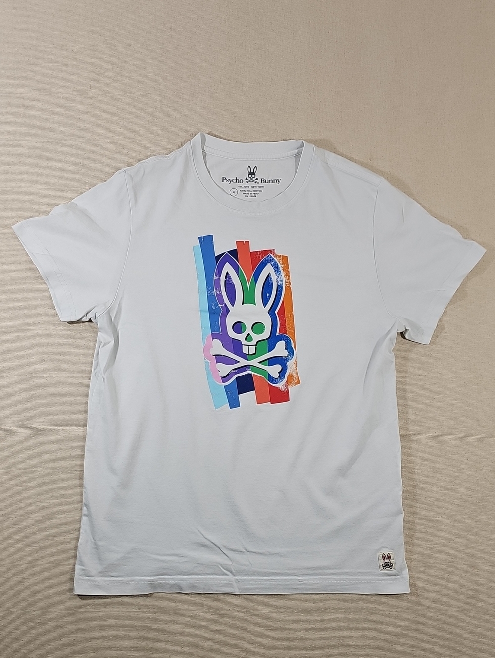 Psycho Bunny White Tee with Multicolor Skull-and-Bunny Graphic